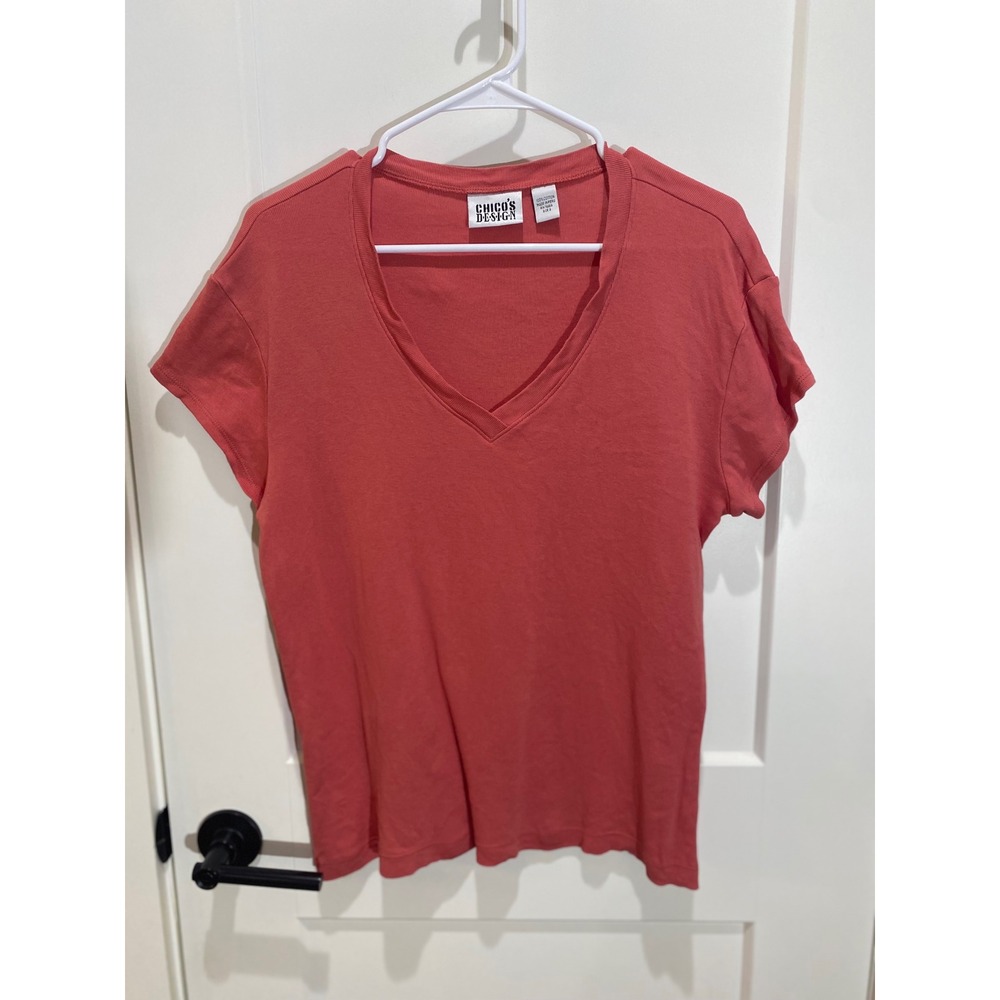 Chicos Design Womens Coral Pink V-Neck Cotton Short Sleeve T-Shirt Size 2‎ L